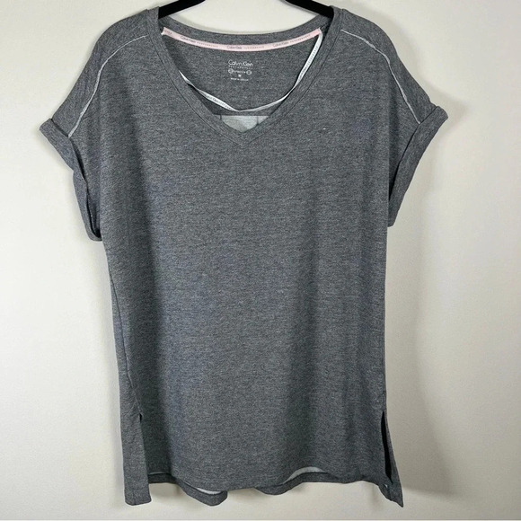 Calvin Klein Women's French Terry Top Gray V-Neck Cuff Short Sleeve Shirt Medium - Picture 1 of 16